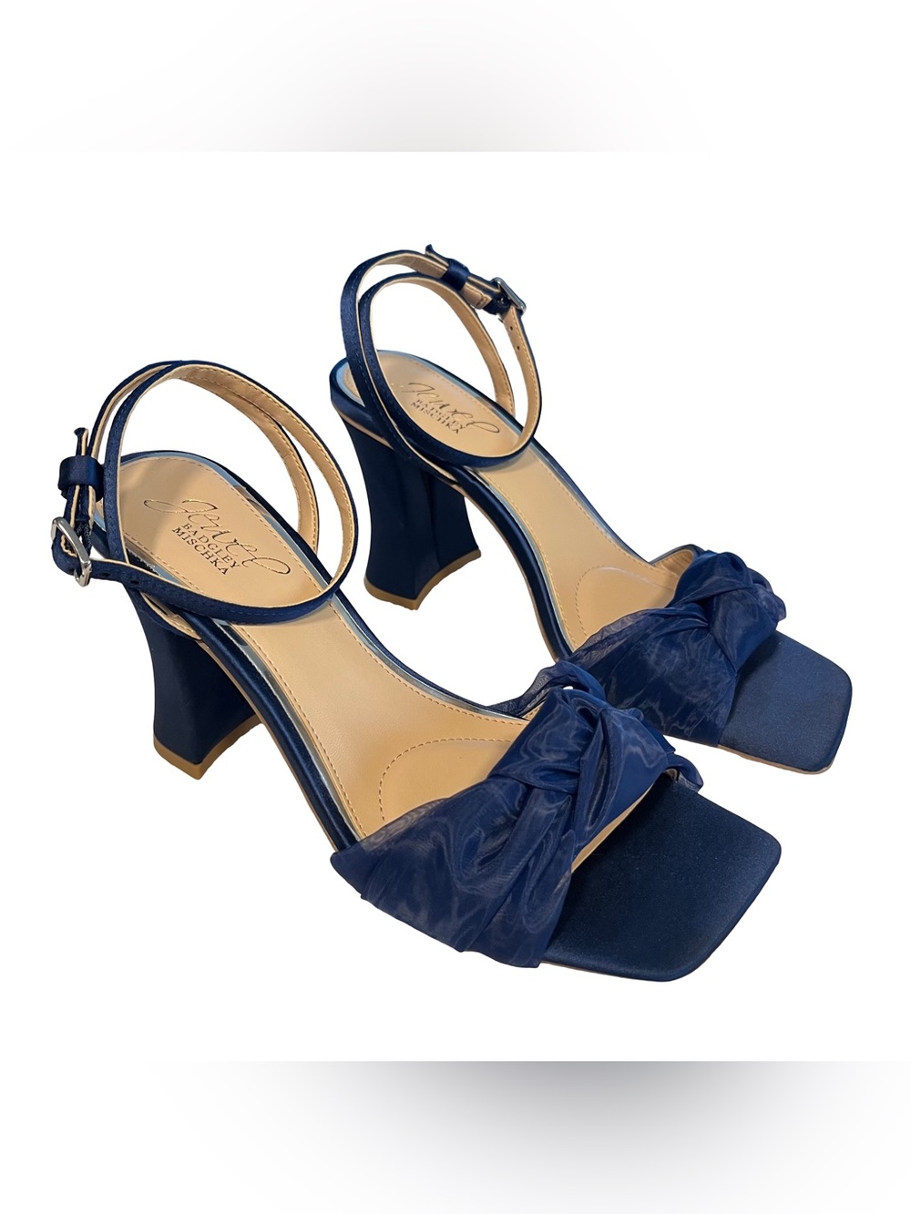 NEW Badgley Mischka Jewel Fayola Navy Blue Sz 6.5 Dress Knot Satin Heel Sandals
